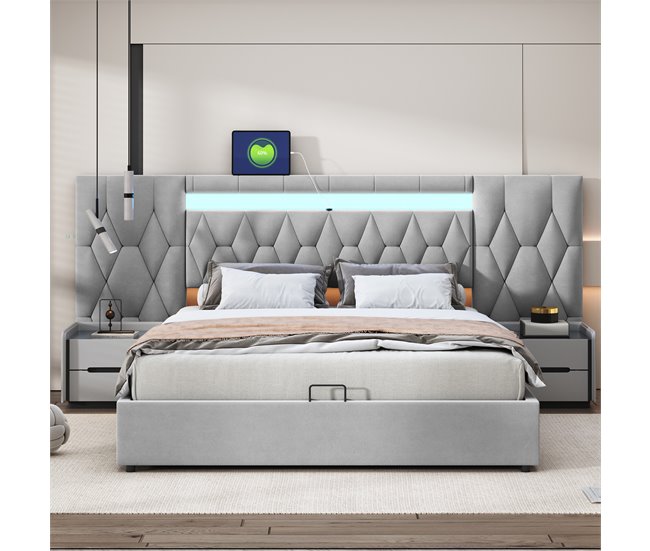 Conforama Cama Con Almacenaje De Terciopelo 160x200 Cm - Con LED Y Toma USB - Gris