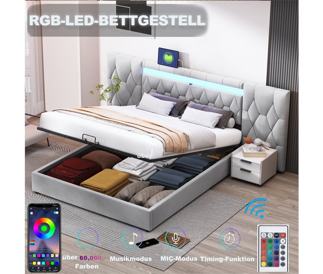 Conforama Cama Con Almacenaje De Terciopelo 160x200 Cm - Con LED Y Toma USB - Gris
