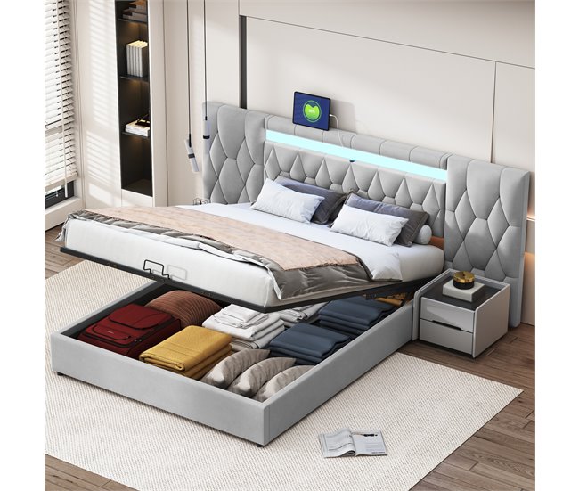 Conforama Cama Con Almacenaje De Terciopelo 160x200 Cm - Con LED Y Toma USB - Gris