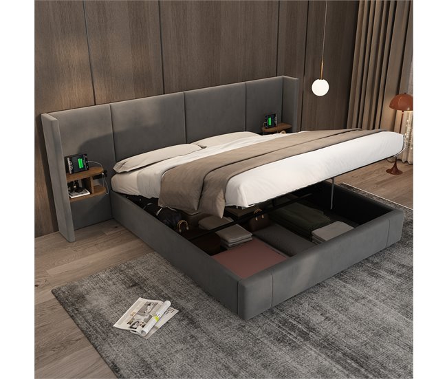 Conforama Cama Con Almacenaje De Terciopelo - 180x200 Cm - Con Puerto USB Y 2 Mesitas De Noche - Con Somier - Gris