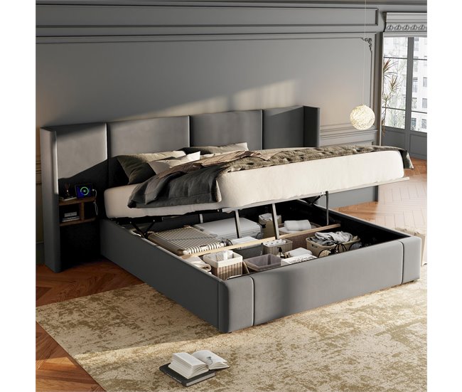 Conforama Cama Con Almacenaje De Terciopelo - 180x200 Cm - Con Puerto USB Y 2 Mesitas De Noche - Con Somier - Gris