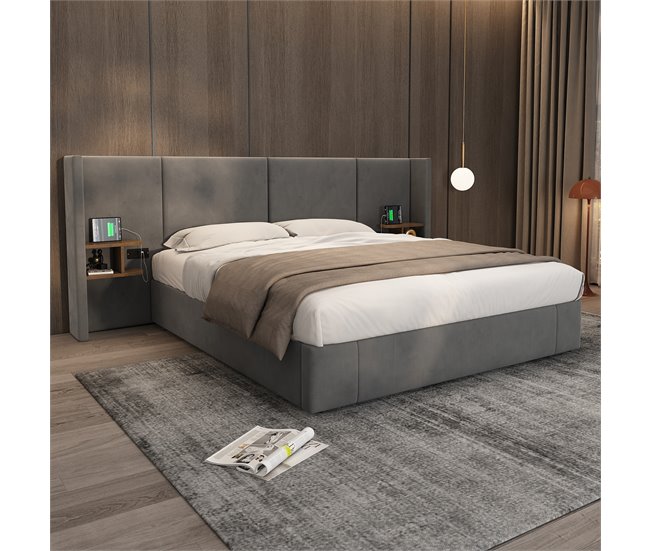 Conforama Cama Con Almacenaje De Terciopelo - 180x200 Cm - Con Puerto USB Y 2 Mesitas De Noche - Con Somier - Gris