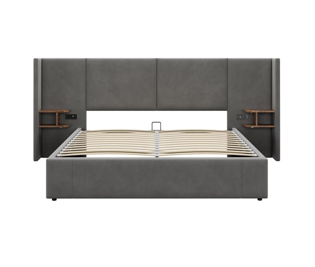 Conforama Cama con almacenaje de terciopelo - 180x200 cm - con puerto USB y 2 mesitas de noche - con somier - Gris