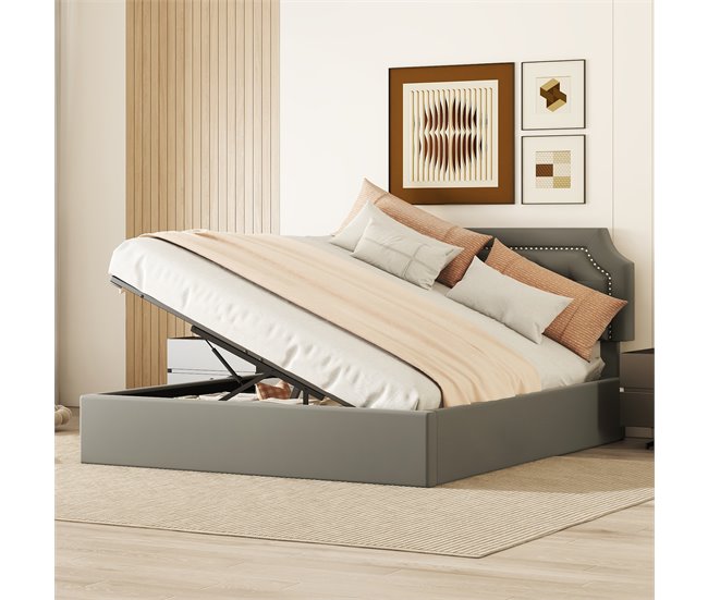 Conforama Cama Con Almacenaje Doble Acolchada 160x200 Cm - Con Sistema Hidráulico Exclusivo - Gris