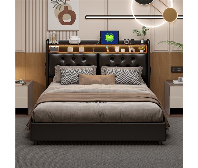 Conforama Cama Con Almacenamiento 160x200 Cm Cama Tapizada Con Puertos De Carga USB Y Luz LED Cama Doble Con Somier De Láminas PU (Negro 160 X 200 Cm)