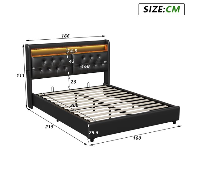 Conforama Cama Con Almacenamiento 160x200 Cm Cama Tapizada Con Puertos De Carga USB Y Luz LED Cama Doble Con Somier De Láminas PU (Negro 160 X 200 Cm)