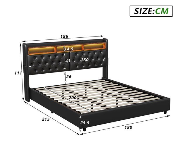 Conforama Cama Con Almacenamiento 180x200 Cm Cama Tapizada Con Puertos De Carga USB Y Luz LED Cama Doble Con Somier De Láminas PU (Negro 180 X 200 Cm)