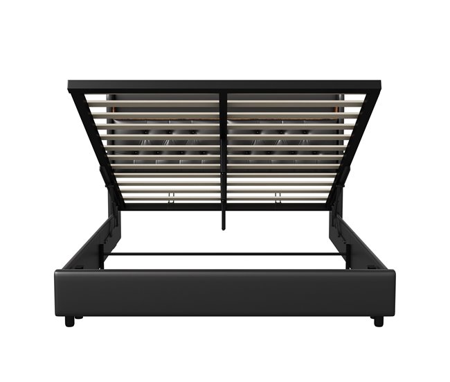 Conforama Cama Con Almacenamiento 180x200 Cm Cama Tapizada Con Puertos De Carga USB Y Luz LED Cama Doble Con Somier De Láminas PU (Negro 180 X 200 Cm)