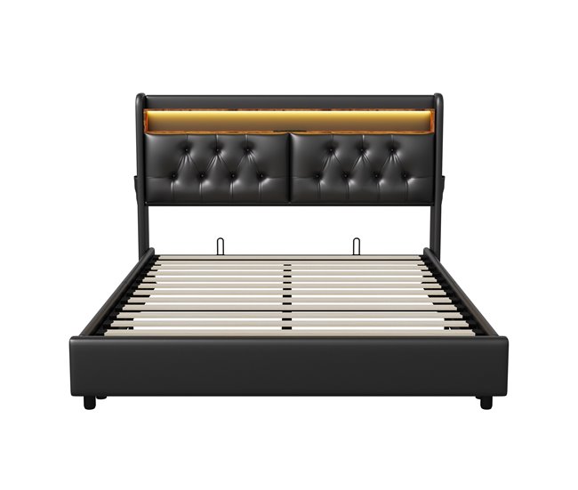 Conforama Cama con Almacenamiento 180x200 cm Cama Tapizada con Puertos de Carga USB y Luz LED Cama Doble con Somier de Láminas PU (Negro 180 x 200 cm)