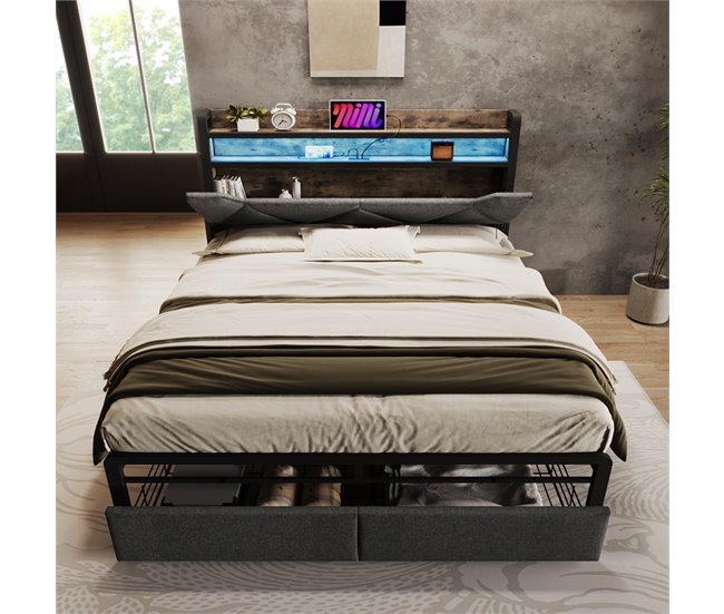 Conforama Cama Con Cajón 160x200cm Tapizada En Tela De Lino - Con LED Y Puertos De Carga - Gris