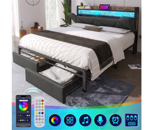 Conforama Cama Con Cajón 160x200cm Tapizada En Tela De Lino - Con LED Y Puertos De Carga - Gris