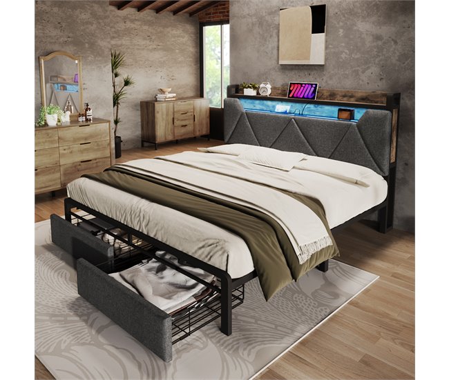 Conforama Cama Con Cajón 160x200cm Tapizada En Tela De Lino - Con LED Y Puertos De Carga - Gris