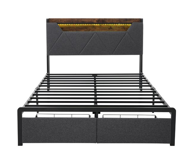 Conforama Cama con cajón 160x200cm tapizada en tela de lino - con LED y puertos de carga - Gris
