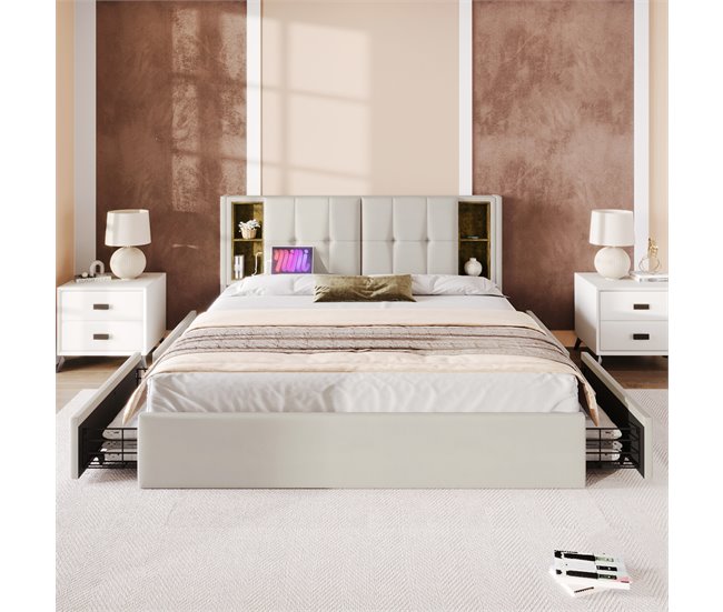 Conforama Cama Con Cajones 160x200cm Acolchada En Terciopelo - Con Carga Inalámbrica Y Somier - Beige