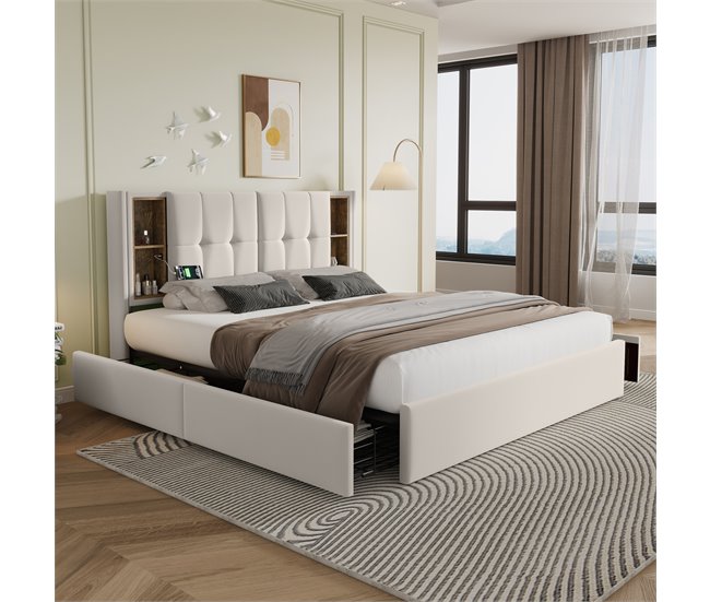 Conforama Cama Con Cajones 160x200cm Acolchada En Terciopelo - Con Carga Inalámbrica Y Somier - Beige