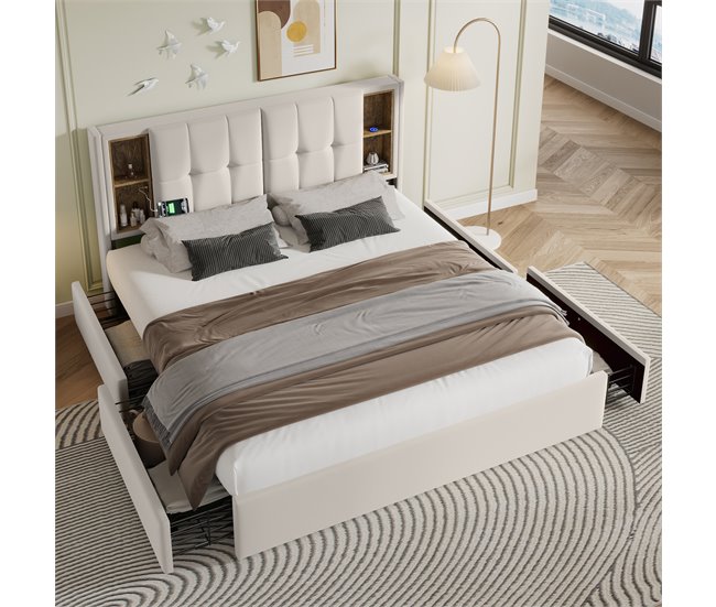Conforama Cama Con Cajones 160x200cm Acolchada En Terciopelo - Con Carga Inalámbrica Y Somier - Beige