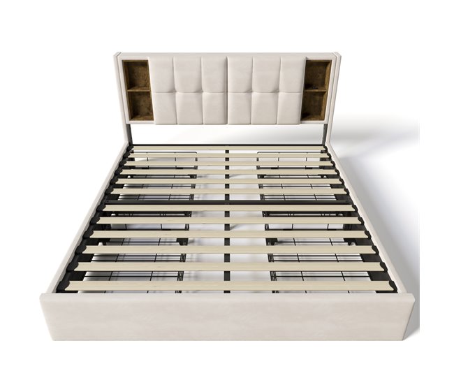 Conforama Cama con cajones 160x200cm acolchada en terciopelo - con carga inalámbrica y somier - Beige