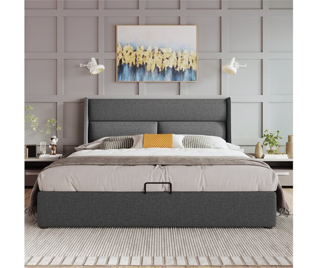 Conforama Cama Contenedor 140x200 Cm Con Cabecero Ajustable En Tejido De Lino - Gris