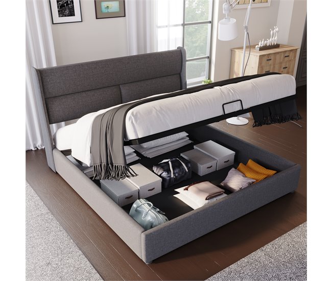 Conforama Cama Contenedor 140x200 Cm Con Cabecero Ajustable En Tejido De Lino - Gris