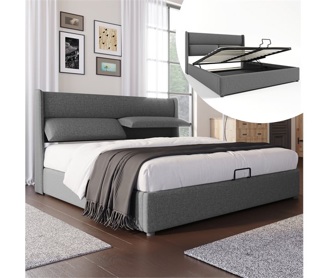 Conforama Cama Contenedor 140x200 Cm Con Cabecero Ajustable En Tejido De Lino - Gris