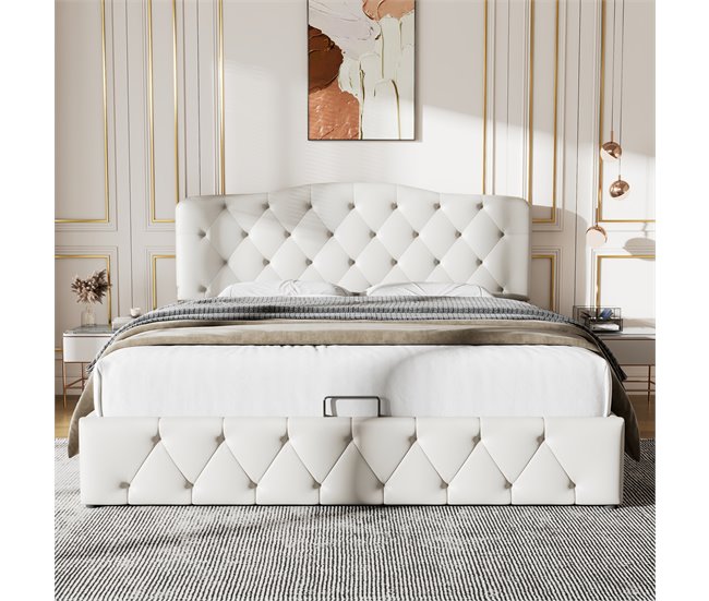 Conforama Cama Contenedor 140x200 Cm En Piel Sintética - Con Cabecero Ajustable - Blanco