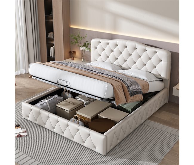 Conforama Cama Contenedor 140x200 Cm En Piel Sintética - Con Cabecero Ajustable - Blanco
