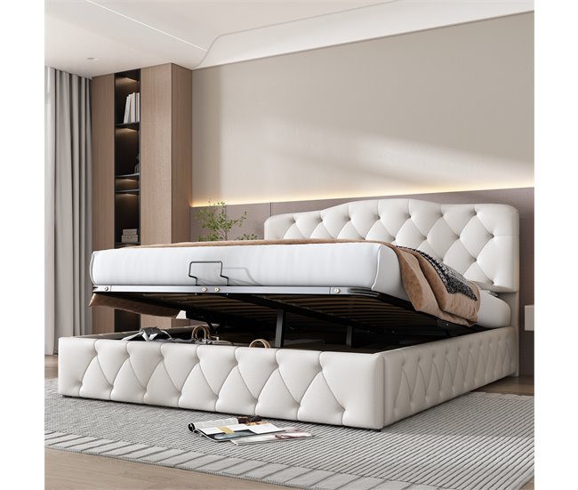 Conforama Cama Contenedor 140x200 Cm En Piel Sintética - Con Cabecero Ajustable - Blanco