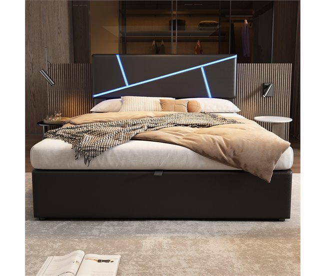 Conforama Cama Contenedor 140x200 Cm En Símil Piel - Con LED Y Somier - Negro