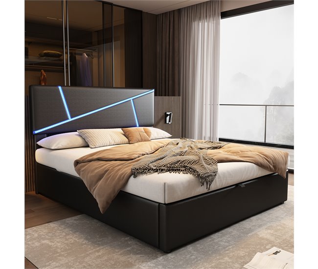 Conforama Cama Contenedor 140x200 Cm En Símil Piel - Con LED Y Somier - Negro