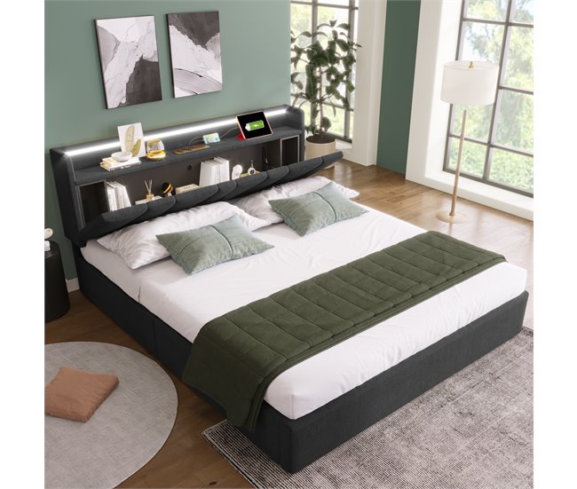 Conforama Cama Contenedor 140x200cm - Con LED Y Puertos De Carga - Tela De Lino - Gris