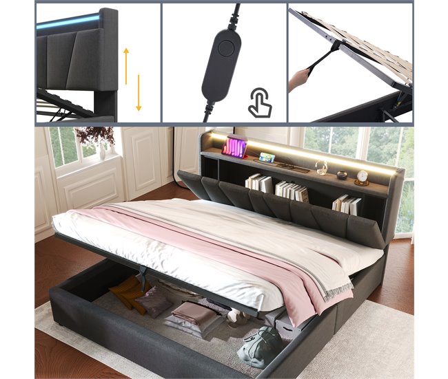 Conforama Cama Contenedor 140x200cm - Con LED Y Puertos De Carga - Tela De Lino - Gris