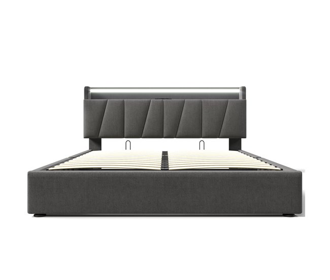 Conforama Cama contenedor 140x200cm - con LED y puertos de carga - tela de lino - Gris