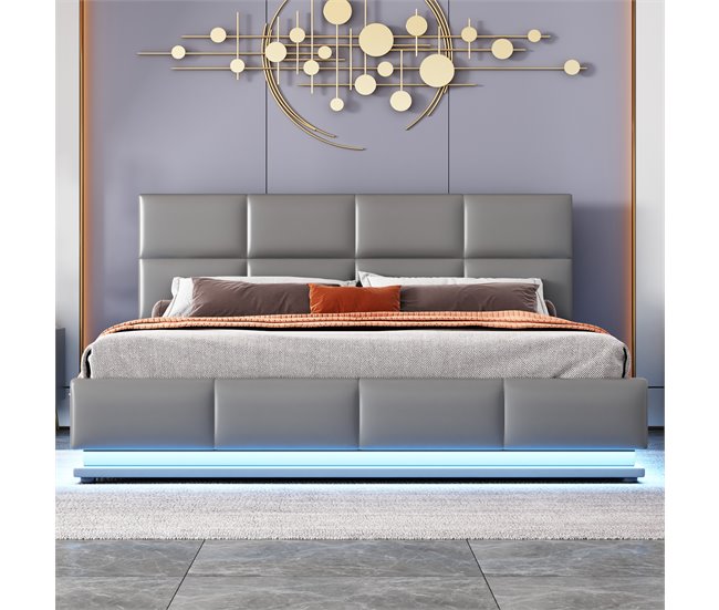 Conforama Cama Contenedor 160x200cm En Símil Piel Con LED + Somier + Cabecero Ajustable - Gris