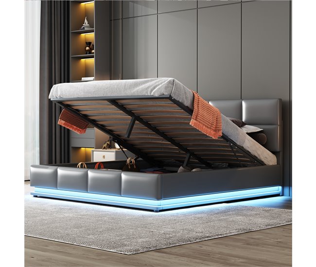 Conforama Cama Contenedor 160x200cm En Símil Piel Con LED + Somier + Cabecero Ajustable - Gris