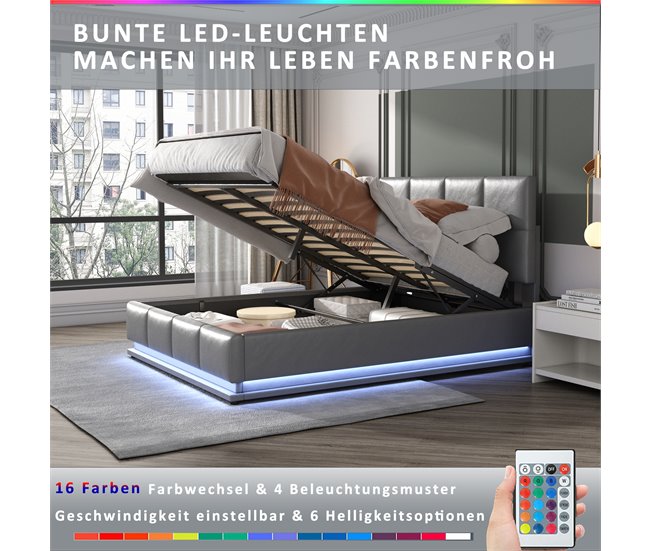 Conforama Cama Contenedor 160x200cm En Símil Piel Con LED + Somier + Cabecero Ajustable - Gris