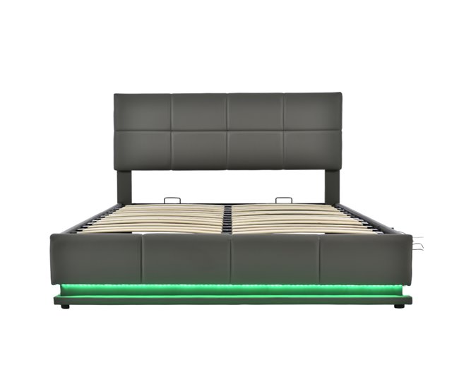 Conforama Cama contenedor 160x200cm en símil piel con LED + somier + cabecero ajustable - Gris