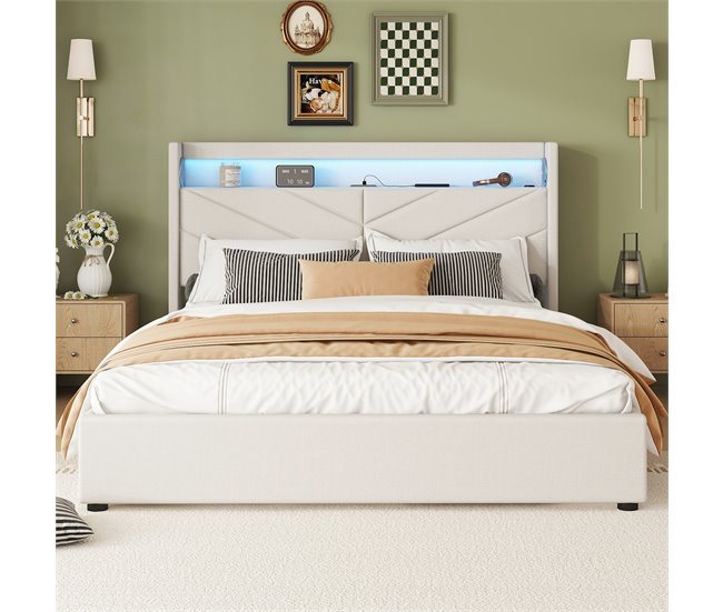 Conforama Cama Contenedor 160x200cm - Tela De Lino - Con LED Y Toma USB - Beige