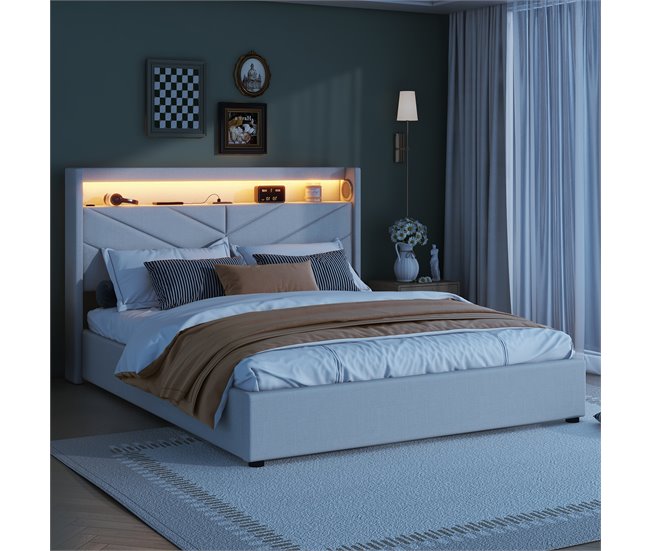 Conforama Cama Contenedor 160x200cm - Tela De Lino - Con LED Y Toma USB - Beige