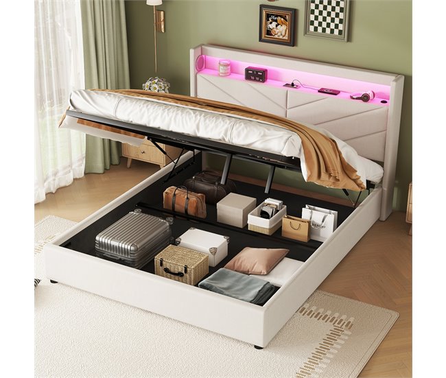 Conforama Cama Contenedor 160x200cm - Tela De Lino - Con LED Y Toma USB - Beige
