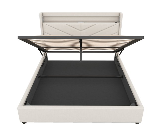 Conforama Cama contenedor 160x200cm - tela de lino - con LED y toma USB - Beige