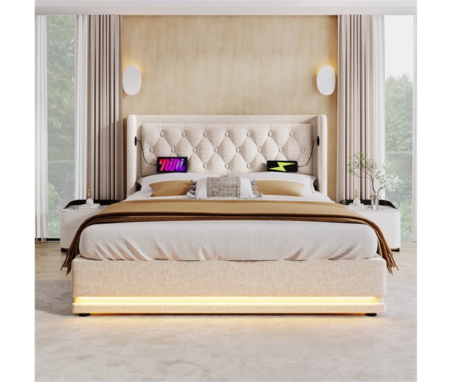 Conforama Cama Contenedor Acolchada 140 X 200 Cm En Tejido De Algodón - Con Función De Carga Y LED A Los Pies De La Cama - Beige