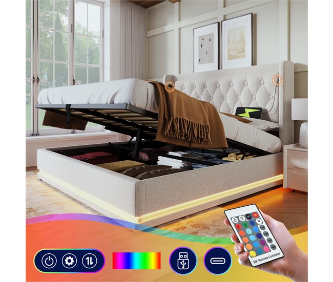 Conforama Cama Contenedor Acolchada 140 X 200 Cm En Tejido De Algodón - Con Función De Carga Y LED A Los Pies De La Cama - Beige