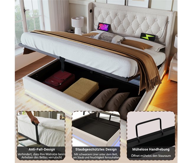 Conforama Cama Contenedor Acolchada 140 X 200 Cm En Tejido De Algodón - Con Función De Carga Y LED A Los Pies De La Cama - Beige