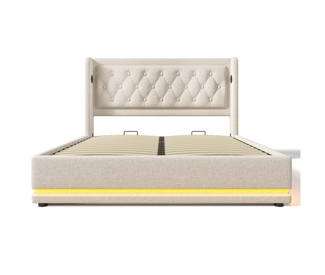 Conforama Cama contenedor acolchada 140 x 200 cm en tejido de algodón - con función de carga y LED a los pies de la cama - Beige