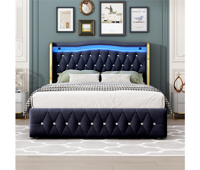Conforama Cama Contenedor Acolchada 140x200 Cm Con Iluminación LED - Tejido De Terciopelo - Negro