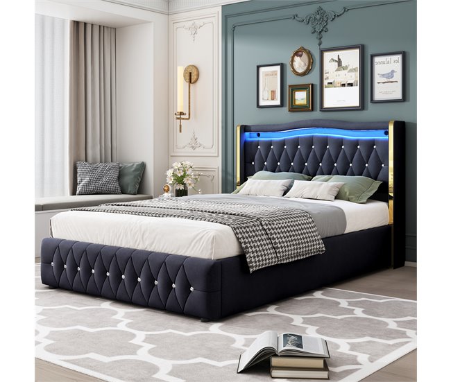 Conforama Cama Contenedor Acolchada 140x200 Cm Con Iluminación LED - Tejido De Terciopelo - Negro