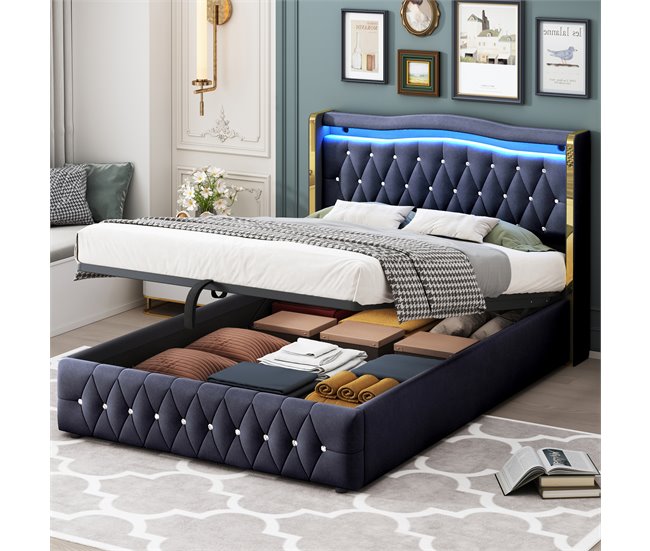 Conforama Cama Contenedor Acolchada 140x200 Cm Con Iluminación LED - Tejido De Terciopelo - Negro