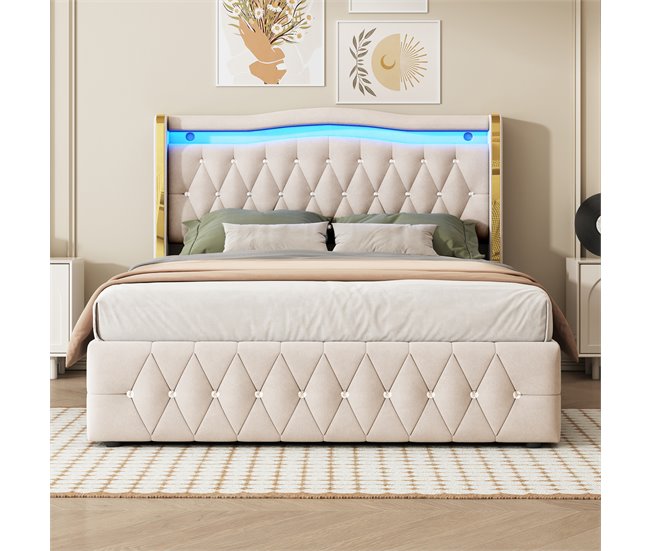 Conforama Cama Contenedor Acolchada 140x200 Cm Con Iluminación LED - Tejido De Terciopelo - Beige