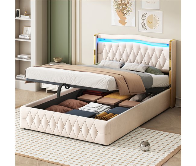 Conforama Cama Contenedor Acolchada 140x200 Cm Con Iluminación LED - Tejido De Terciopelo - Beige