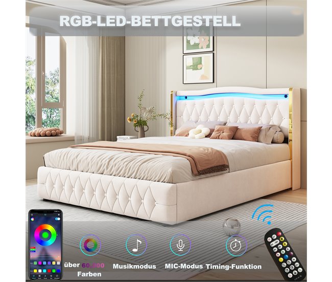 Conforama Cama Contenedor Acolchada 140x200 Cm Con Iluminación LED - Tejido De Terciopelo - Beige